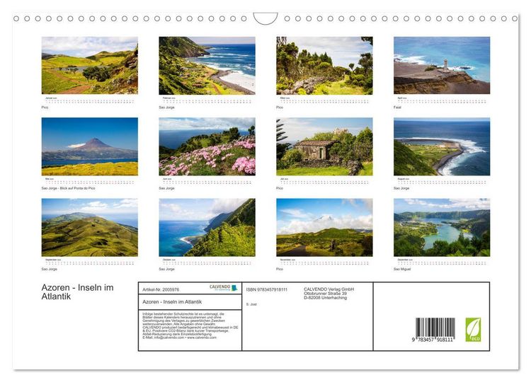 Produktbild: Azoren - Inseln im Atlantik (Wandkalender 2026 DIN A3 quer), CALVENDO Monatskalender