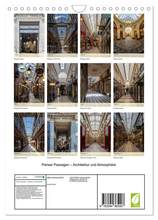 Produktbild: Pariser Passagen &ndash; Architektur und Atmosph&auml;re (Wandkalender 2027 DIN A4 hoch), CALVENDO Monatskalender