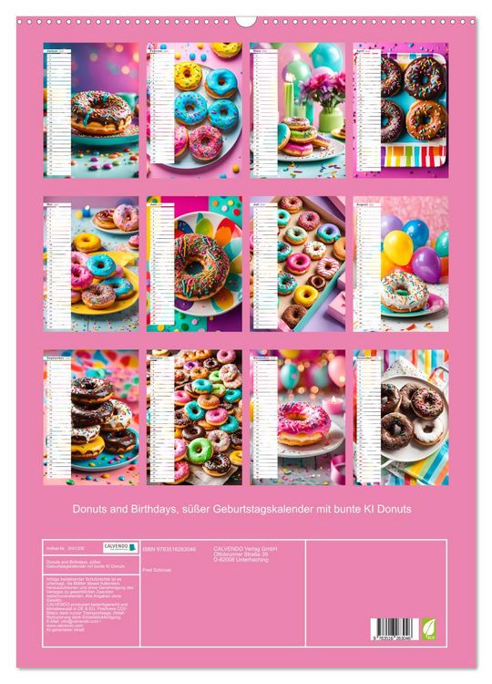 Produktbild: Donuts and Birthdays, s&uuml;&szlig;er Geburtstagskalender mit bunte KI Donuts (Wandkalender 2026 DIN A2 hoch), CALVENDO Monatskalender