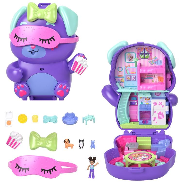 Produktbild: Polly Pocket &Uuml;bernachtungsparty-Welpen-Spielset mit 1 kleinen Puppe und zwei H&uuml;ndchen, Spielzeug f&uuml;r unterwegs mit Zubeh&ouml;r f&uuml;r Mode und Essen