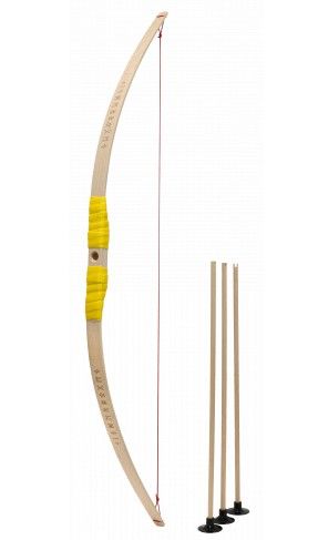 Produktbild: BestSaller 1273 - Kinder-Bogen mit Loch inkl. 3 Pfeilen, Buchenholz, 80cm, Holz-Bogen, Griff mit gelber Kunststoffwickelung