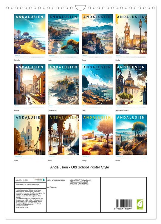 Produktbild: Andalusien - Old School Poster Style (Wandkalender 2026 DIN A3 hoch), CALVENDO Monatskalender