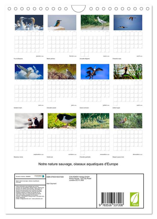 Produktbild: Notre nature sauvage, oiseaux aquatiques d'Europe (Calendrier mural 2026 DIN A4 horizontal), CALVENDO calendrier mensuel