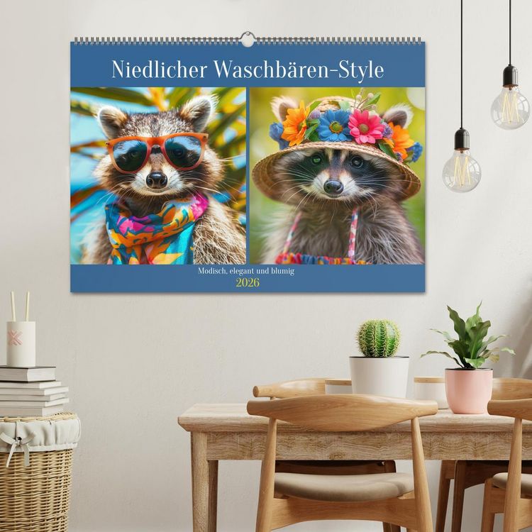 Produktbild: Niedlicher Waschb&auml;ren-Style. Modisch, elegant und blumig (Wandkalender 2026 DIN A2 quer), CALVENDO Monatskalender
