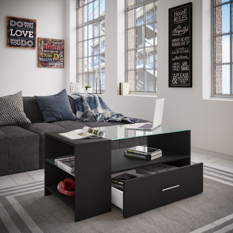 Produktbild: Holz Sofatisch Couchtisch Schublade Glas Tindala