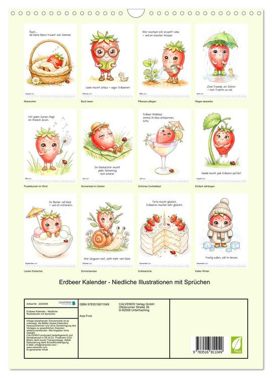 Produktbild: Erdbeer Kalender - Niedliche Illustrationen mit Spr&uuml;chen (Wandkalender 2027 DIN A3 hoch), CALVENDO Monatskalender