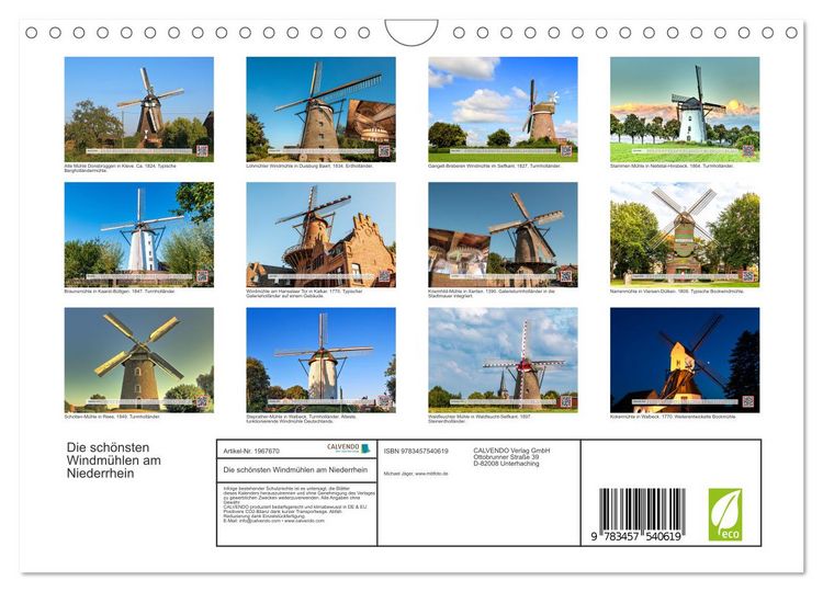 Produktbild: Die sch&ouml;nsten Windm&uuml;hlen am Niederrhein (Wandkalender 2026 DIN A4 quer), CALVENDO Monatskalender