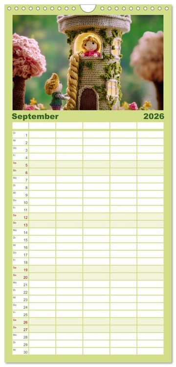 Produktbild: Familienplaner 2026 - Amigurumi M&auml;rchenstunde nach den Gebr&uuml;dern Grimm mit 5 Spalten (Wandkalender, 21 x 45 cm) CALVENDO