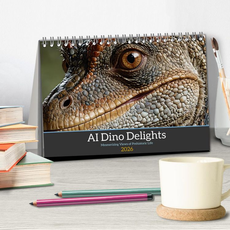 Produktbild: AI Dino Delights Mesmerizing Views of Prehistoric Life (Desk Calendar 2026 DIN A5 landscape), CALVENDO 12 Month DeskCalendar
