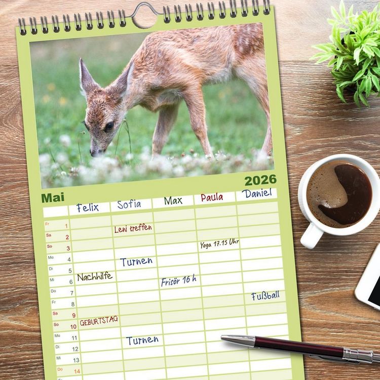Produktbild: Familienplaner 2026 - Heimische Tiere - Rehe mit 5 Spalten (Wandkalender, 21 x 45 cm) CALVENDO