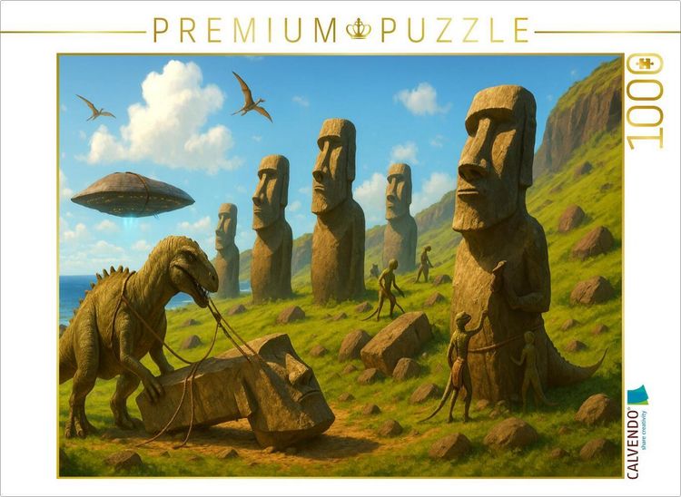 Produktbild: CALVENDO Puzzle Moai-Statuen - Dinos auf Baustellenkurs | 1000 Teile Lege-Gr&ouml;&szlig;e 64x48cm Foto-Puzzle f&uuml;r gl&uuml;ckliche Stunden