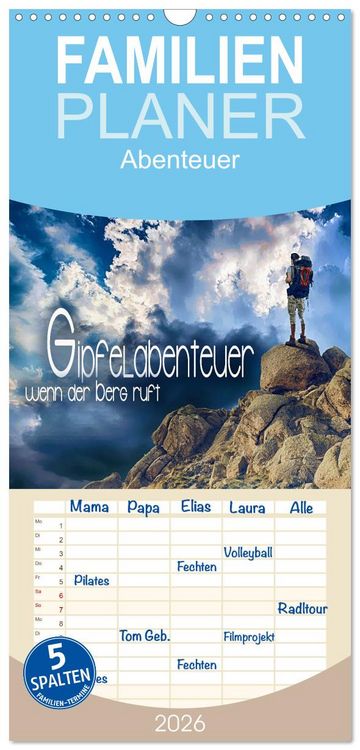 Produktbild: Familienplaner 2026 - Gipfelabenteuer - wenn der Berg ruft mit 5 Spalten (Wandkalender, 21 x 45 cm) CALVENDO
