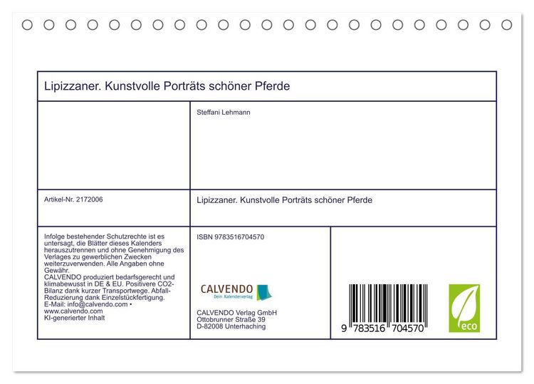 Produktbild: Lipizzaner. Kunstvolle Portr&auml;ts sch&ouml;ner Pferde (Tischkalender 2026 DIN A5 quer), CALVENDO Monatskalender