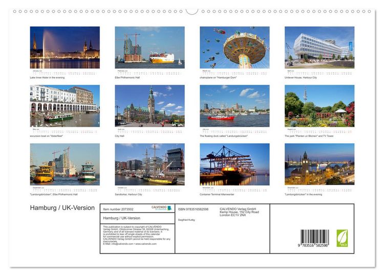 Produktbild: Hamburg / UK-Version (High Quality Premium Wall Calendar 2026 DIN A2 landscape),CALVENDO 12 Month Wall Calendar