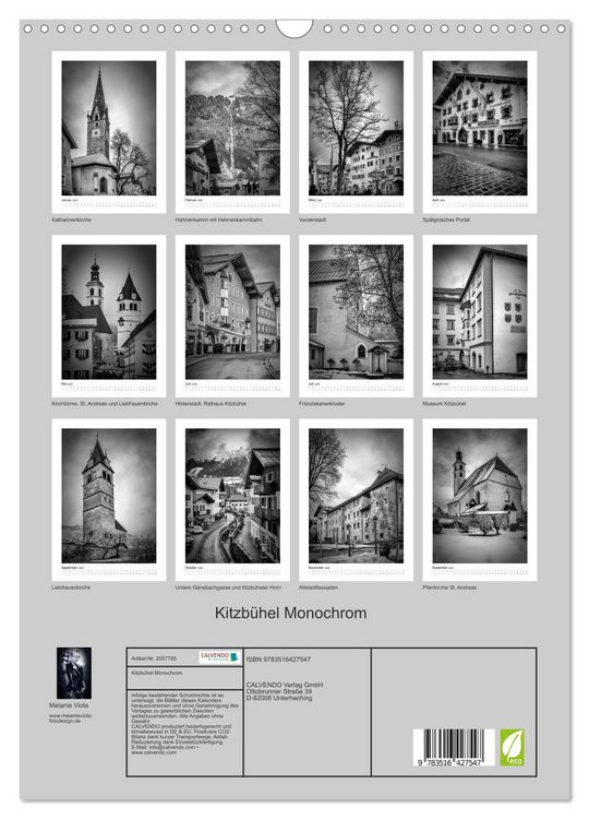 Produktbild: Kitzb&uuml;hel Monochrom (Wandkalender 2026 DIN A3 hoch), CALVENDO Monatskalender