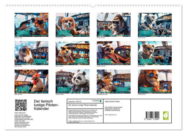Produktbild: Der tierisch lustige Piloten-Kalender (hochwertiger Premium Wandkalender 2026 DIN A2 quer), Kunstdruck in Hochglanz