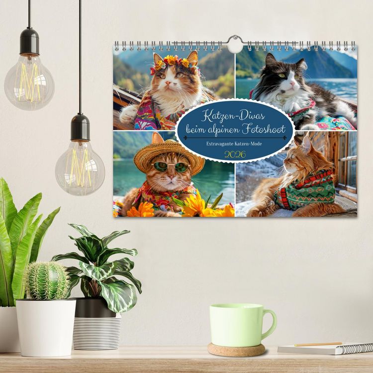 Produktbild: Katzen-Divas beim alpinen Fotoshoot. Extravagante Katzenmode (Wandkalender 2026 DIN A4 quer), CALVENDO Monatskalender