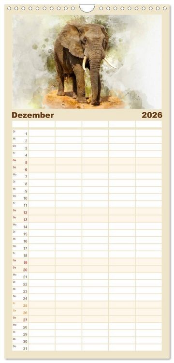 Produktbild: Familienplaner 2026 - Elefanten - k&uuml;nstlerische Impressionen der gr&ouml;&szlig;ten noch lebenden Landtiere mit 5 Spalten (Wandkalender, 21 x 45 cm) CALVENDO
