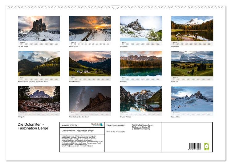Produktbild: Die Dolomiten - Faszination Berge (Wandkalender 2027 DIN A2 quer), CALVENDO Monatskalender