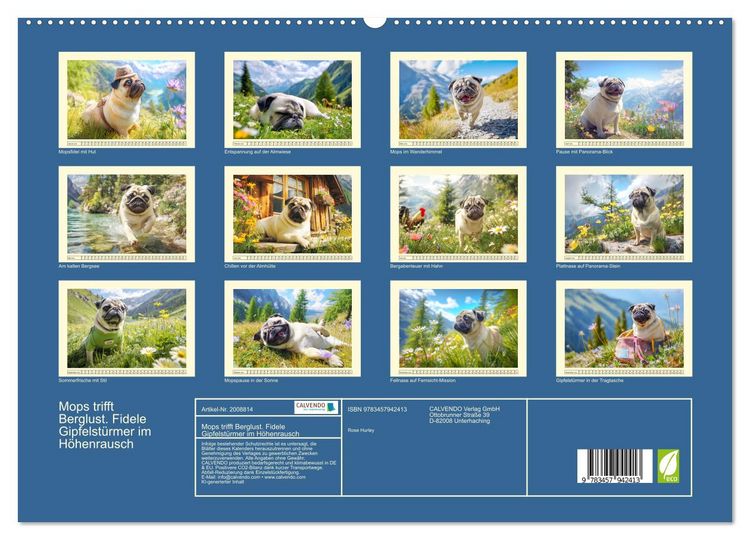 Produktbild: Mops trifft Berglust. Fidele Gipfelst&uuml;rmer im H&ouml;henrausch (hochwertiger Premium Wandkalender 2026 DIN A2 quer), Kunstdruck in Hochglanz