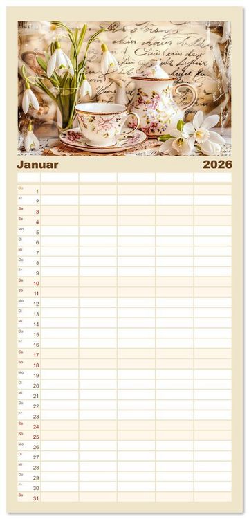 Produktbild: Familienplaner 2026 - Shabby Chic Romantik - Vintage Tassen, Blumen und nostalgische Briefe mit 5 Spalten (Wandkalender, 21 x 45 cm) CALVENDO