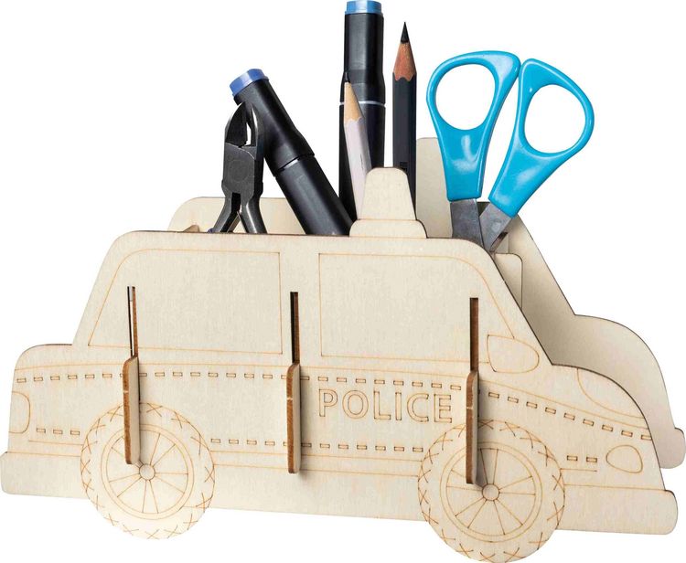 Produktbild: PEBARO 477/4 - Holzbausatz Stiftehalter Polizeiauto, Laser cut Bastelset