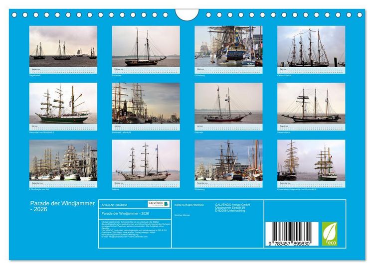 Produktbild: Parade der Windjammer - 2026 (Wandkalender 2026 DIN A4 quer), CALVENDO Monatskalender