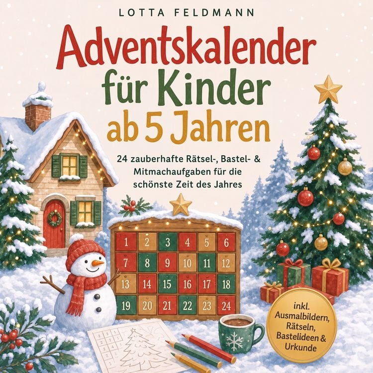 Produktbild: Adventskalender f&uuml;r Kinder ab 5 Jahren: 24 zauberhafte R&auml;tsel-, Bastel- & Mitmachaufgaben f&uuml;r die sch&ouml;nste Zeit des Jahres - inkl. Ausmalbildern, R&auml;tseln, Bastelideen & Urkunde