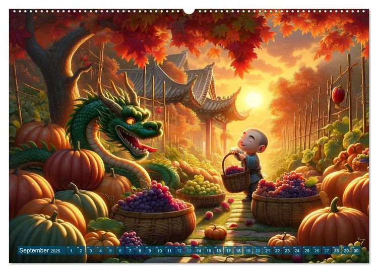 Produktbild: M&ouml;nch und Drache: Vier Jahreszeiten im Tempelgarten (hochwertiger Premium Wandkalender 2026 DIN A2 quer), Kunstdruck in Hochglanz