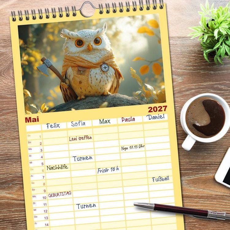 Produktbild: Familienplaner 2027 - Eulen im Wald - Die geheimen Jobs und Aufgaben mit 5 Spalten (Wandkalender, 21 x 45 cm) CALVENDO