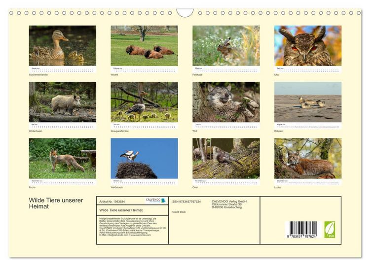 Produktbild: Wilde Tiere unserer Heimat (Wandkalender 2026 DIN A3 quer), CALVENDO Monatskalender