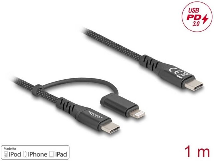 Produktbild: Delock USB-C&reg; Kabel USB 2.0 USB-C&reg; Stecker, USB-C&reg; Stecker, Apple Lightning Stecker 1.00 m Schwarz 81170