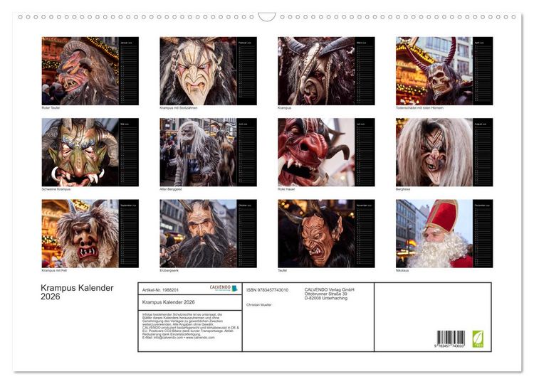 Produktbild: Krampus Kalender 2026 (Wandkalender 2026 DIN A2 quer), CALVENDO Monatskalender