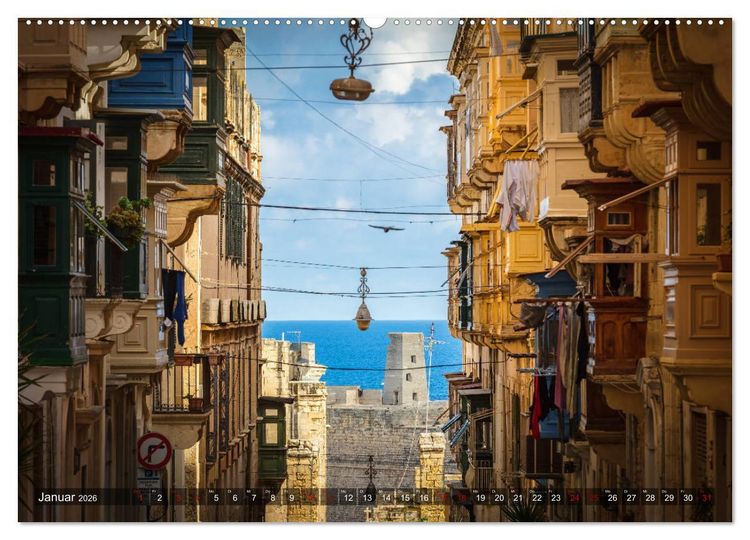 Produktbild: Valletta - Morbide Sch&ouml;nheit im Mittelmeer (hochwertiger Premium Wandkalender 2026 DIN A2 quer), Kunstdruck in Hochglanz
