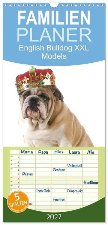 Produktbild: Familienplaner 2027 - English Bulldog XXL Models mit 5 Spalten (Wandkalender, 21 x 45 cm) CALVENDO