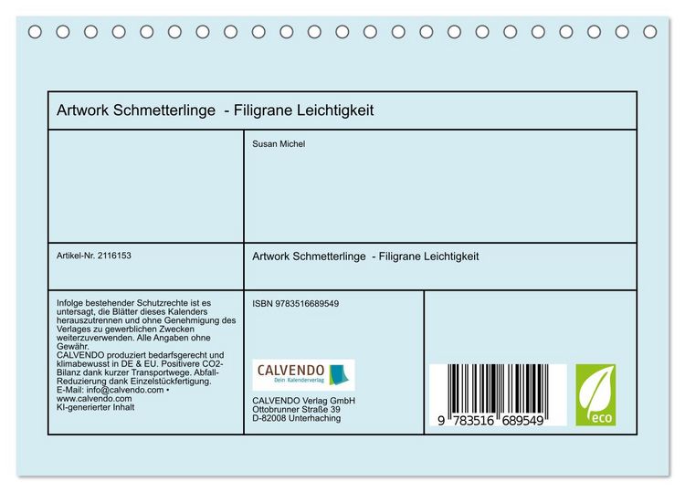 Produktbild: Artwork Schmetterlinge - Filigrane Leichtigkeit (Tischkalender 2026 DIN A5 quer), CALVENDO Monatskalender