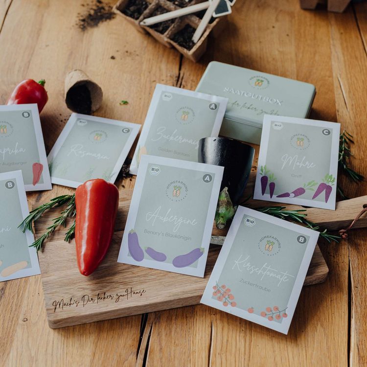 Produktbild: Saatgut Bio-Saatgutbox Grillgem&uuml;se in Wei&szlig;blechdose, mit 6 Sorten