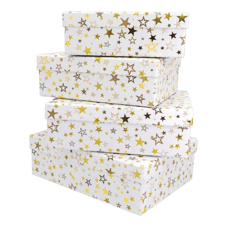Produktbild: Idena Geschenkboxen Sterne wei&szlig;/gold/silber 24x18/22x17/20x15/18x14 cm WH