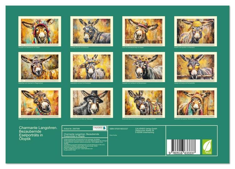 Produktbild: Charmante Langohren. Bezaubernde Eselportr&auml;ts in &Ouml;loptik (Wandkalender 2026 DIN A4 quer), CALVENDO Monatskalender