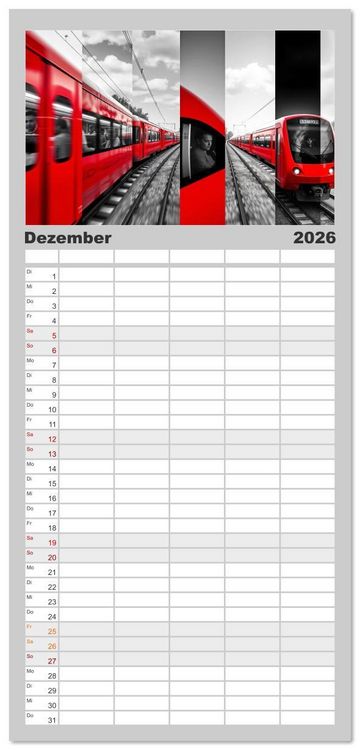 Produktbild: Familienplaner 2026 - BLITZschnell - Z&uuml;ge und Flugzeuge in Bewegung - Color-Key mit 5 Spalten (Wandkalender, 21 x 45 cm) CALVENDO