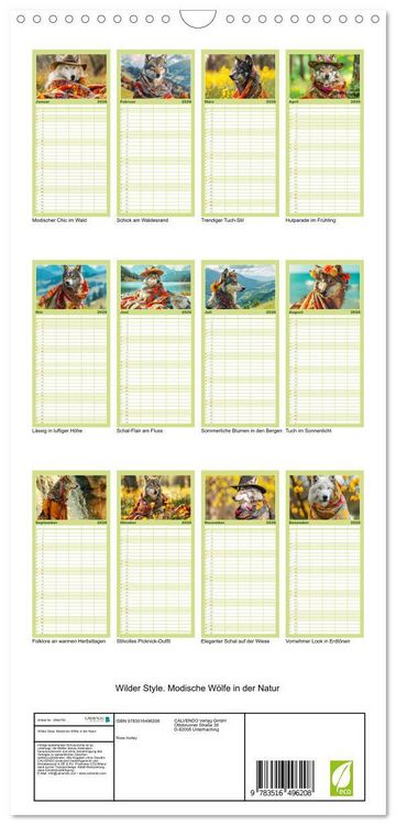 Produktbild: Familienplaner 2026 - Wilder Style. Modische W&ouml;lfe in der Natur mit 5 Spalten (Wandkalender, 21 x 45 cm) CALVENDO