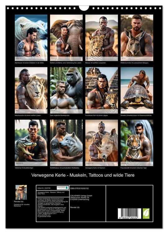 Produktbild: Verwegene Kerle - Muskeln, Tattoos und wilde Tiere (Wandkalender 2026 DIN A3 hoch), CALVENDO Monatskalender