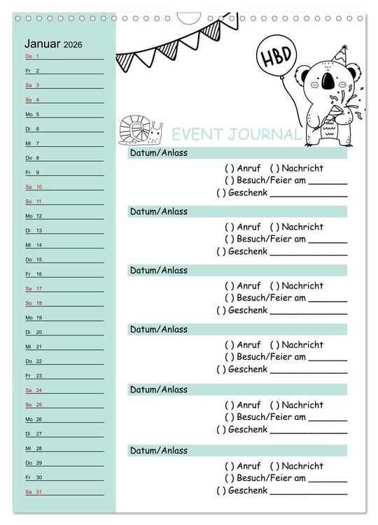 Produktbild: Geburtstagsplaner Doodle Tiere - F&uuml;r Termine, Geschenke, Eventdetails & mehr (Wandkalender 2026 DIN A3 hoch), CALVENDO Monatskalender