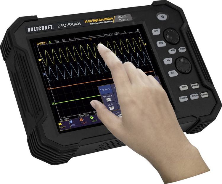 Produktbild: VOLTCRAFT DSO-5104H Hand-Oszilloskop 100 MHz 4-Kanal 1 GSa/s 40 Mpts 14 Bit Digital-Speicher (DSO), Handger&auml;t 1 St.
