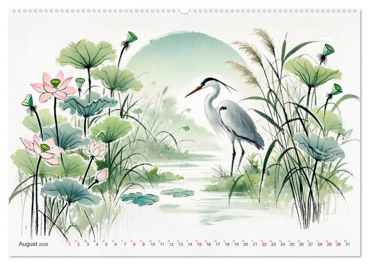 Produktbild: Federleicht - Vogelwelt im Stile asiatischer Tuschmalerei (hochwertiger Premium Wandkalender 2026 DIN A2 quer), Kunstdruck in Hochglanz