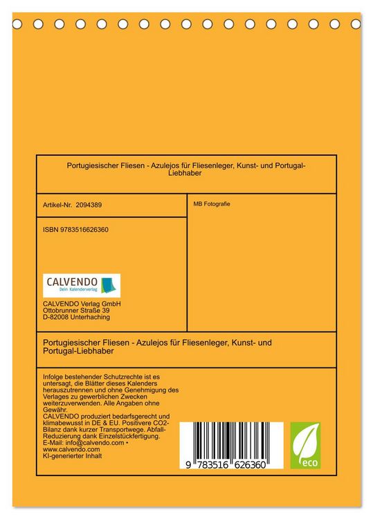 Produktbild: Portugiesischer Fliesen - Azulejos f&uuml;r Fliesenleger, Kunst- und Portugal-Liebhaber (Tischkalender 2026 DIN A5 hoch), CALVENDO Monatskalender