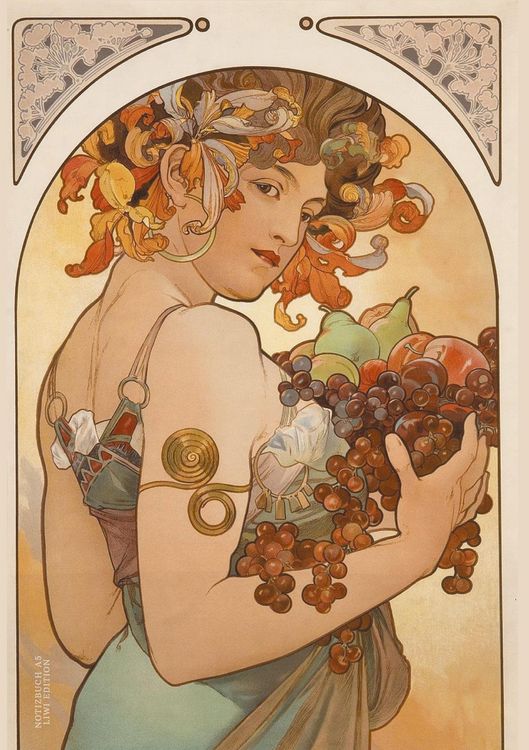 Produktbild: Notizbuch sch&ouml;n gestaltet mit Leseband - A5 Hardcover blanko - Alfons Mucha "Fr&uuml;chte" - 100 Seiten 90g/m