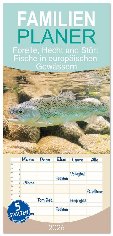 Produktbild: Familienplaner 2026 - Forelle, Hecht und St&ouml;r: Fische in europ&auml;ischen Gew&auml;ssern mit 5 Spalten (Wandkalender, 21 x 45 cm) CALVENDO