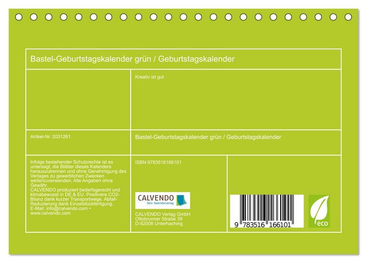 Produktbild: Bastel-Geburtstagskalender gr&uuml;n / Geburtstagskalender (Tischkalender 2026 DIN A5 quer), CALVENDO Monatskalender