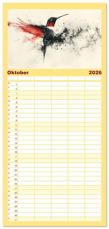 Produktbild: Familienplaner 2026 - Fliegende Kunstwerke - Kolibris mit 5 Spalten (Wandkalender, 21 x 45 cm) CALVENDO